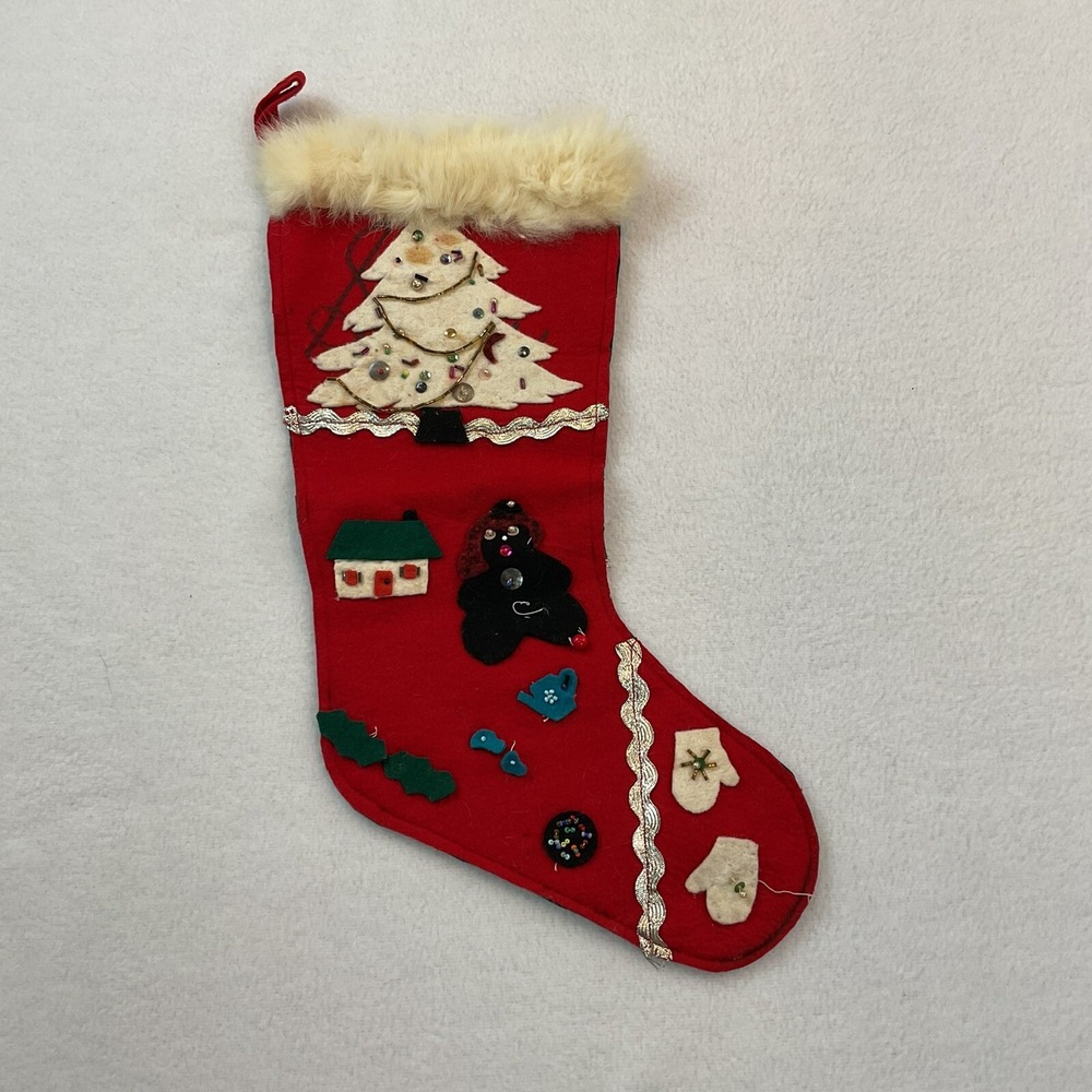 VTG Christmas Stocking Handmade Red Felt‎ Faux Fur Beads Sequins READ